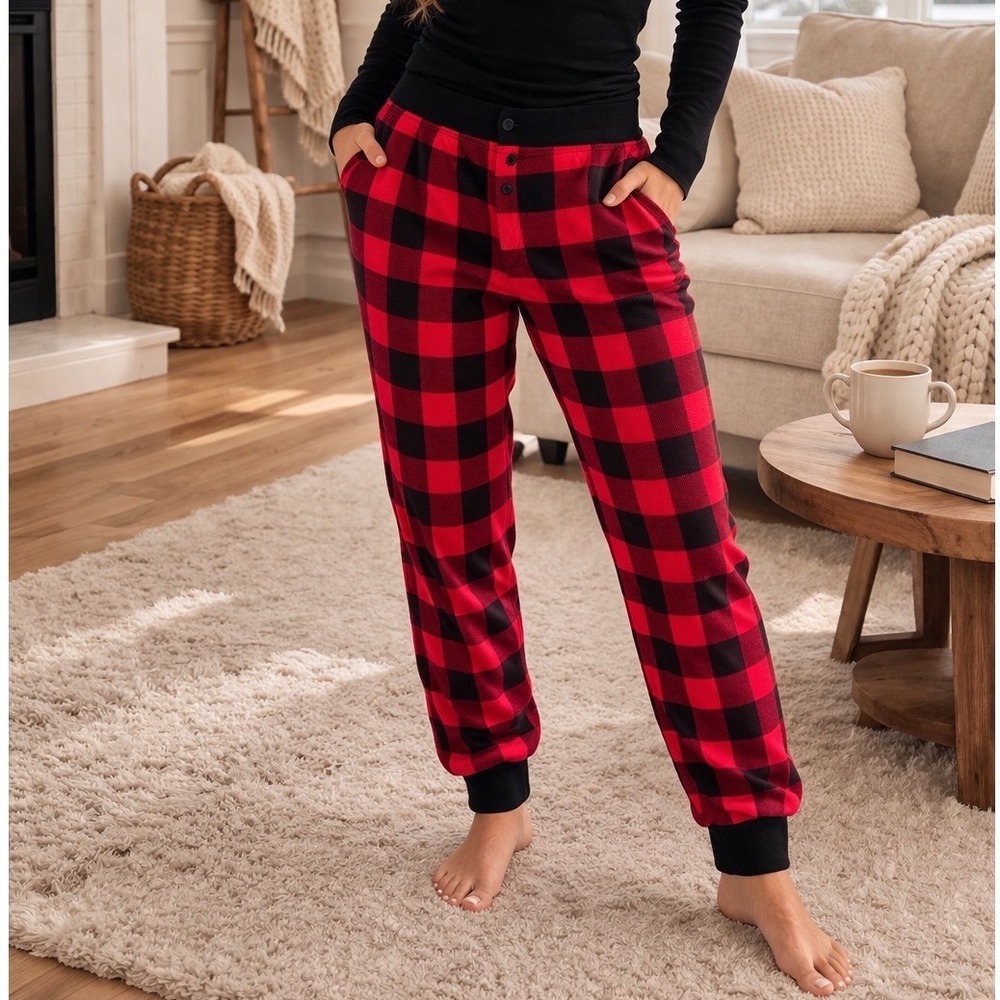 Old Navy Womens XL Red Black Buffalo Plaid Waffle Knit Pajama‎ Joggers Thermal